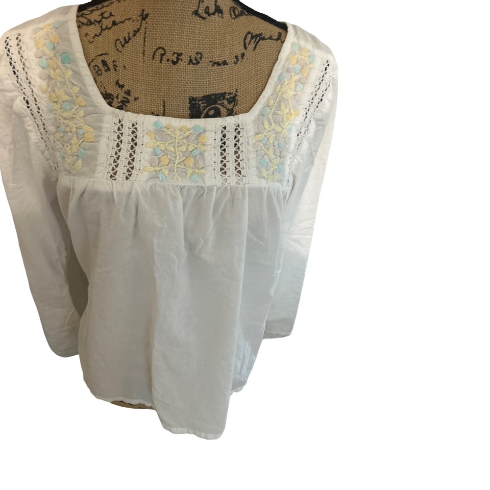 Funky People Women’s X-Large Sheer Peasant Blouse Embroidered Lace White BOHO